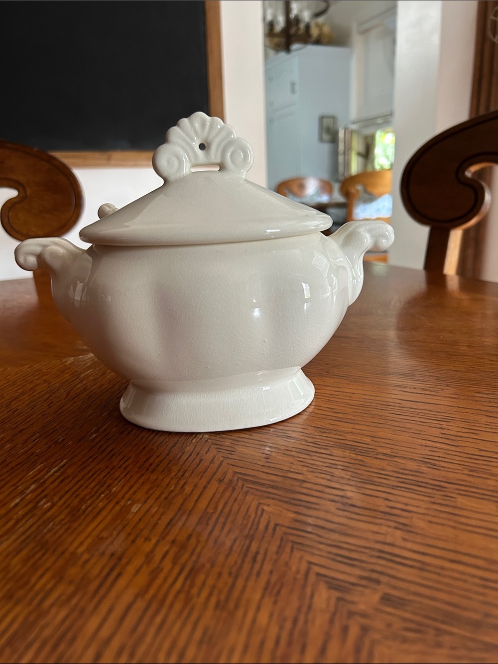 Ivory Ceramic Covered Tureen Bowl with Handles and Ladle